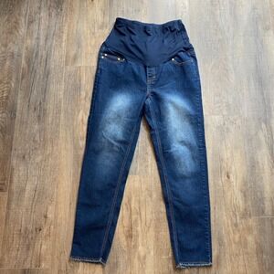 Oh! Mamma Maternity Skinny‎ Jeans Dark Wash Full Panel Raw Hem Size Large (L)